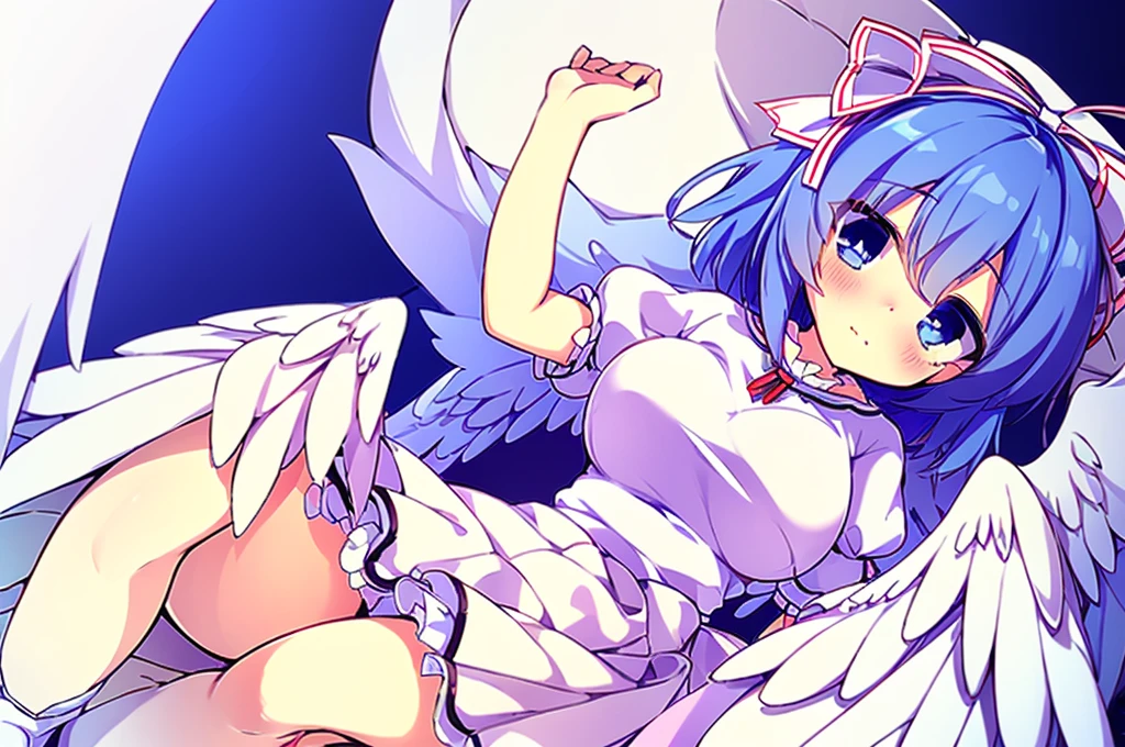 (best quality,4k,8k,highres,masterpiece:1.2), top-quality(masterpiece), top-quality, ultra-detailed, highly detailed texture, intricate details, high quality textures, A cute age angel with blue eyes, big pink ribbon in her hair, drawn in anime style, 1girl, (((1girl in))), , 10 y(loli))), ((child), medium bair, hair flaps, pink ribbon on head, well-formed face, Beautiful face, blue eyes, pretty eyes, angel girl, white blouse, puffy short sleeves, red on, angel wings, long white skirt, red shoes, frills, ribbon head, A pair of angel wings on the back, clean line drawings, cute