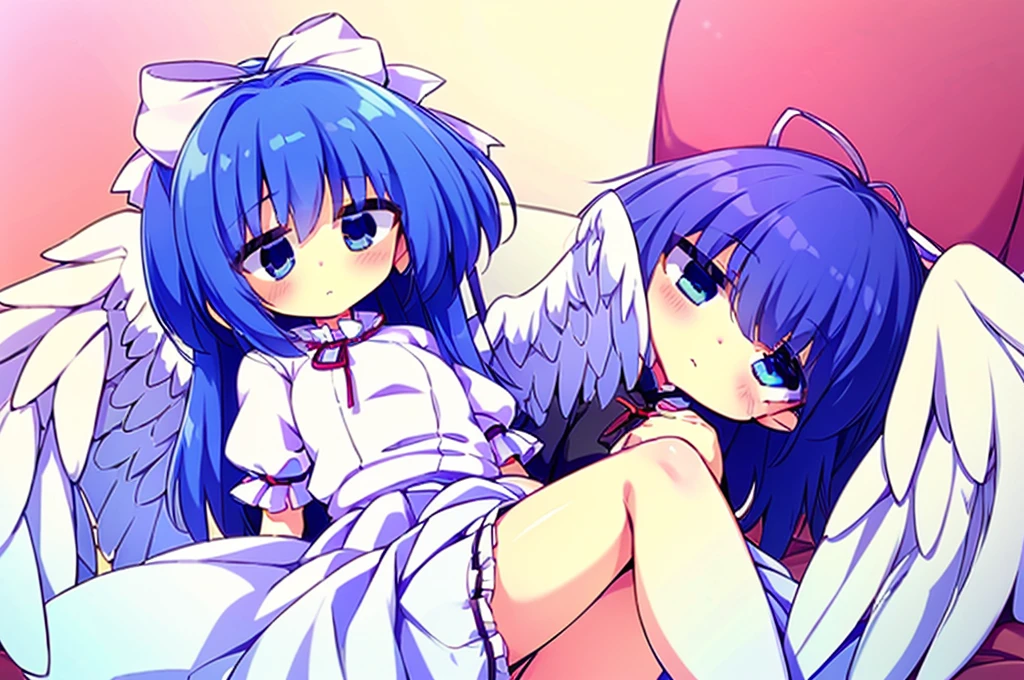 (best quality,4k,8k,highres,masterpiece:1.2), top-quality(​masterpiece), top-quality, ultra-detailed, highly detailed texture, intricate details, high quality textures, A cute teenage angel with blue eyes, big pink ribbon in her hair, drawn in anime style, 1girl, (((1girl in))), , 10 years old, (((loli))), ((childish)), medium blue hair, hair flaps, pink ribbon on head, well-formed face, Beautiful face, blue eyes, pretty eyes, angel girl, white blouse, puffy short sleeves, red ribbon, angel wings, long white skirt, red shoes, frills, ribbon head, A pair of angel wings on the back, clean line drawings, cute