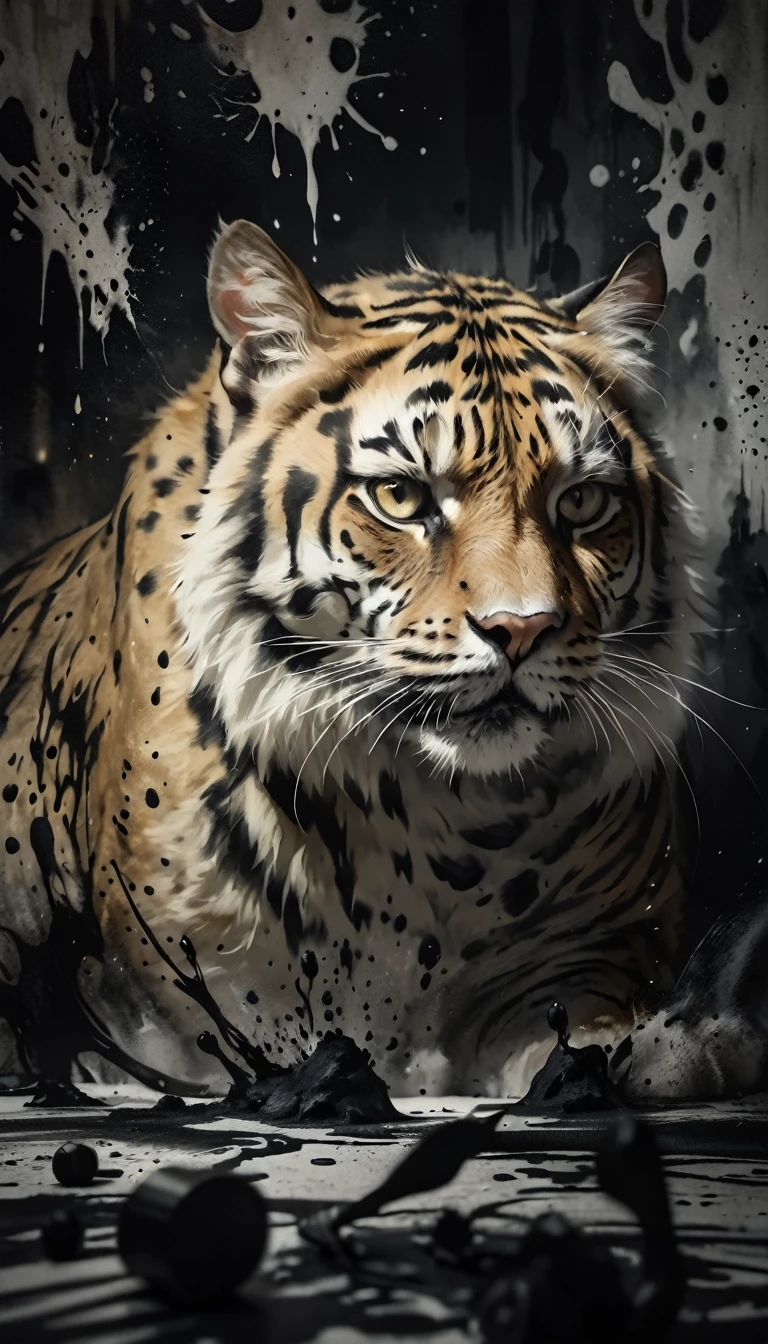 A huge and powerful big cat, (impressive,powerful:1.2), abstract cat portrait, (detailed,intricate:1.3), ink wash painting, (immersive,atmospheric:1.2), dramatic lighting, (rich,vibrant:1.1), deep shadows, (cinematic,moody:1.1), abstract background, (textured,organic:1.1), ink splatter effects, (masterpiece:1.2),(realistic,photorealistic,photo-realistic:1.37),(best quality,8k,highres,detailed)