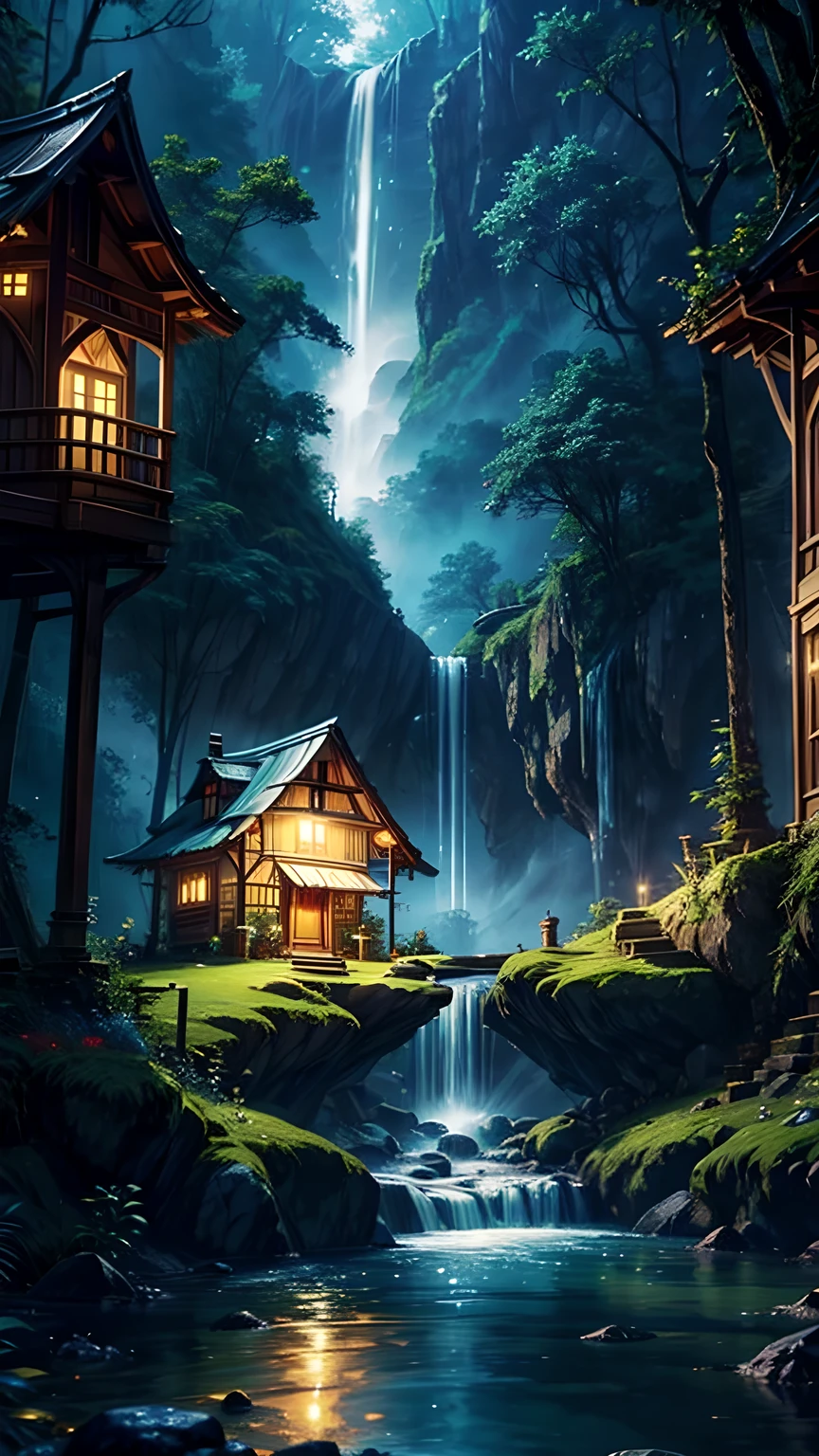 The atmosphere of a village deep in the forest where goblins live.,The trees covered half of the sky, Hazy mist, Flowing light flow, Small winding waterfall, Beautiful waterfall, Beautiful fantasy painting, bioluminescent waterfall, Golden skylight, Epic surrealist 8k oil painting, European style small house fairy tale house, Indoor lighting, Giant Wood Forest, dusk, Sunset, Calm stream, Magnificent tree,