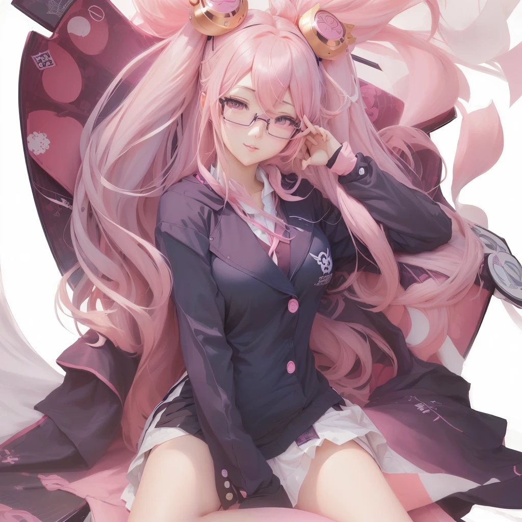 Anime girl with long pink hair and glasses sitting on a chair, Best anime 4k konachan wallpaper, Anime Art Wallpapers 8K, Zerochan Art, anime art wallpaper 4k, anime art wallpaper 4k, Detailed digital anime art, Danganronpa digital art, guweiz on pixiv artstation, Junko Enoshima from Danganronpa