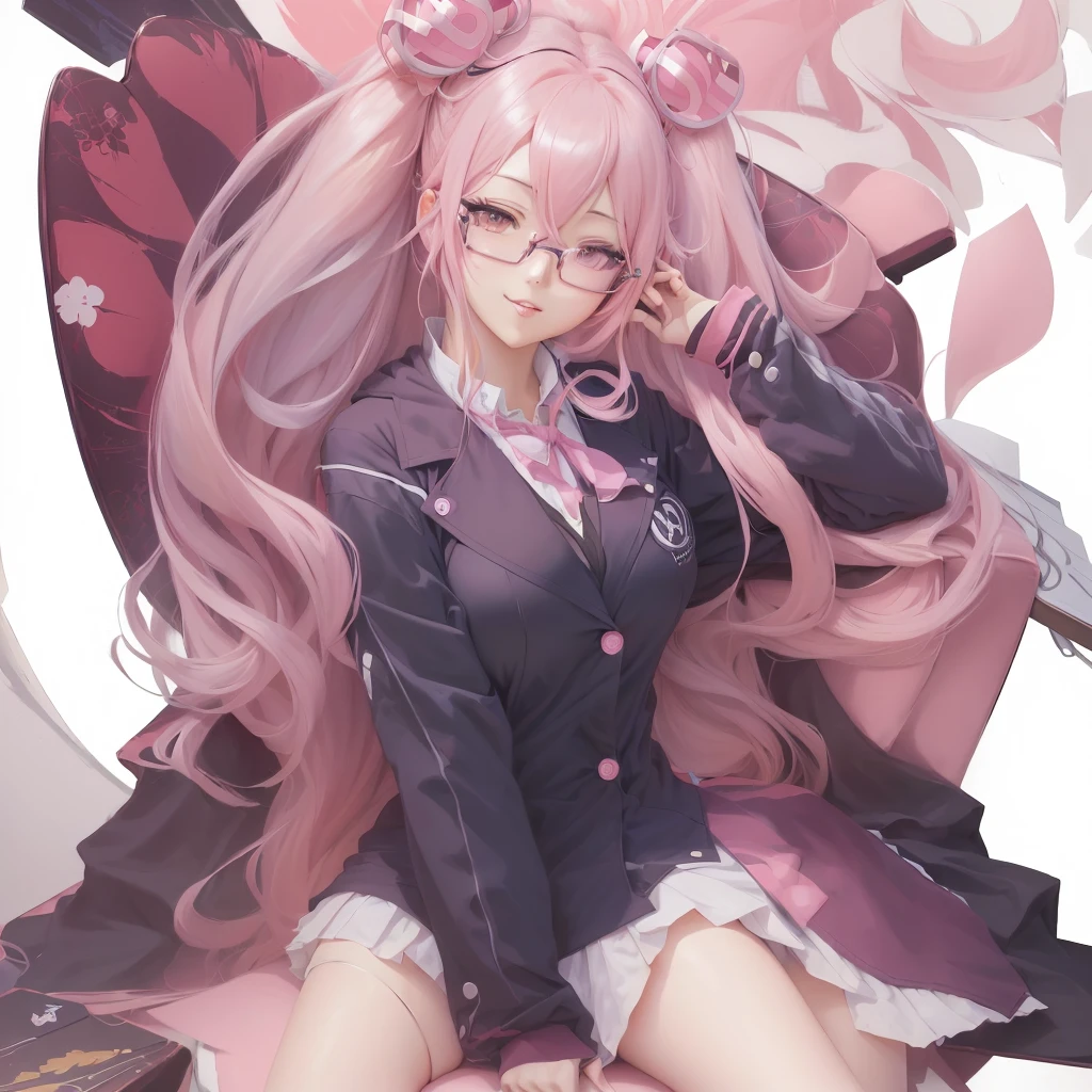 Anime girl with long pink hair and glasses sitting on a chair, Best anime 4k konachan wallpaper, Anime Art Wallpapers 8K, Zerochan Art, anime art wallpaper 4k, anime art wallpaper 4k, Detailed digital anime art, Danganronpa digital art, guweiz on pixiv artstation, Junko Enoshima from Danganronpa