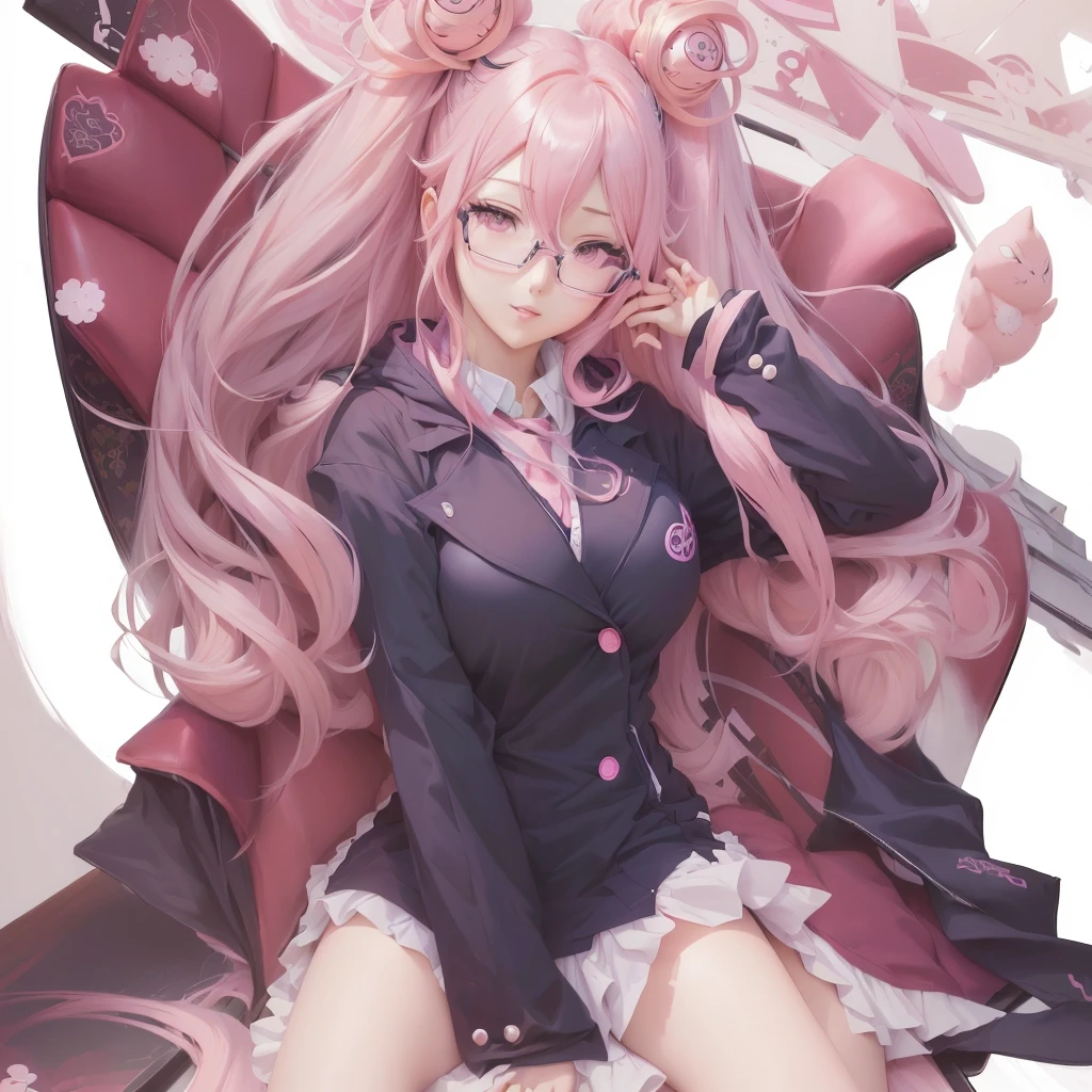 Anime girl with long pink hair and glasses sitting on a chair, Best anime 4k konachan wallpaper, Anime Art Wallpapers 8K, Zerochan Art, anime art wallpaper 4k, anime art wallpaper 4k, Detailed digital anime art, Danganronpa digital art, guweiz on pixiv artstation, Junko Enoshima from Danganronpa