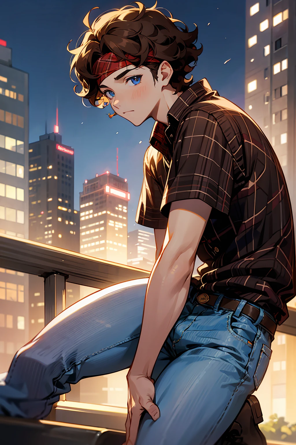 1male, Young Adult, Brown Hair, Curly Hair, Short Hair, Blue Eyes, Jeans, Headband, Flannel Shirt, City Background