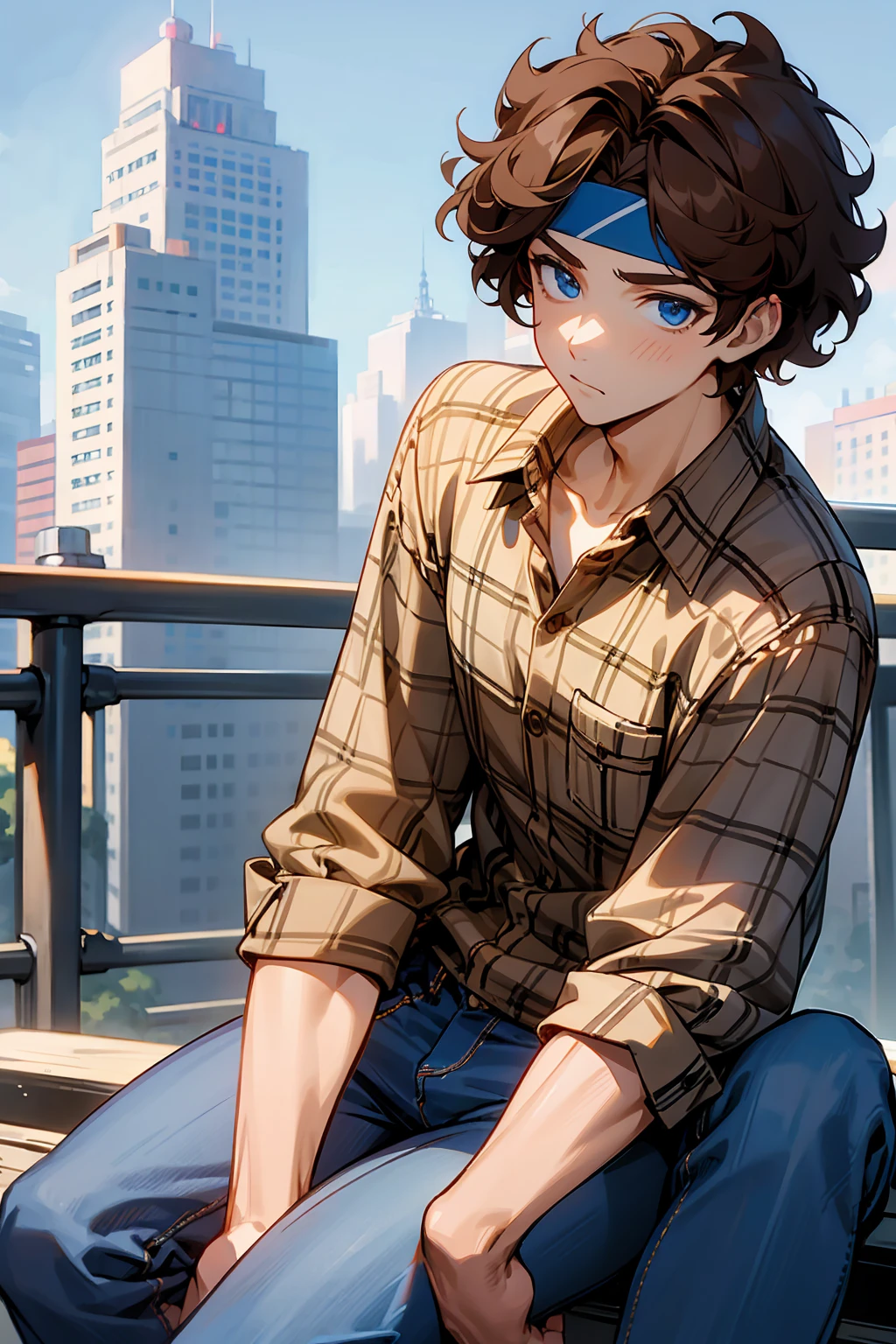 1male, Young Adult, Brown Hair, Curly Hair, Short Hair, Blue Eyes, Jeans, Headband, Flannel Shirt, City Background