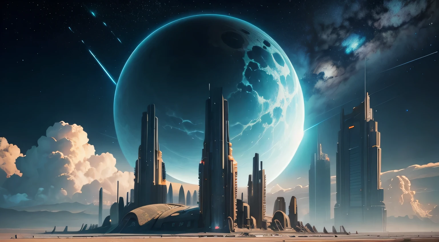 Advanced Futuristic Civilization on the mile-high plateau. Giant planet in the sky. Clouds. Stars. Space. Sci-fi. Architecture. Cyber. Digital. Nature. No imperfections. Interesting.
