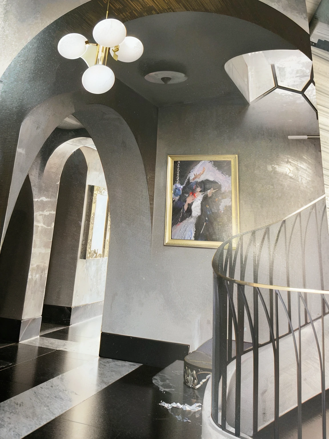 The mirrored safe on the wall is the visual focus. The Italian castle stucco wall black and white marble floor crystal chandelier German style tilt shot, Illustration effect similar to poster or magazine, Fuji, movie lighting effects, Art Nouveau, 