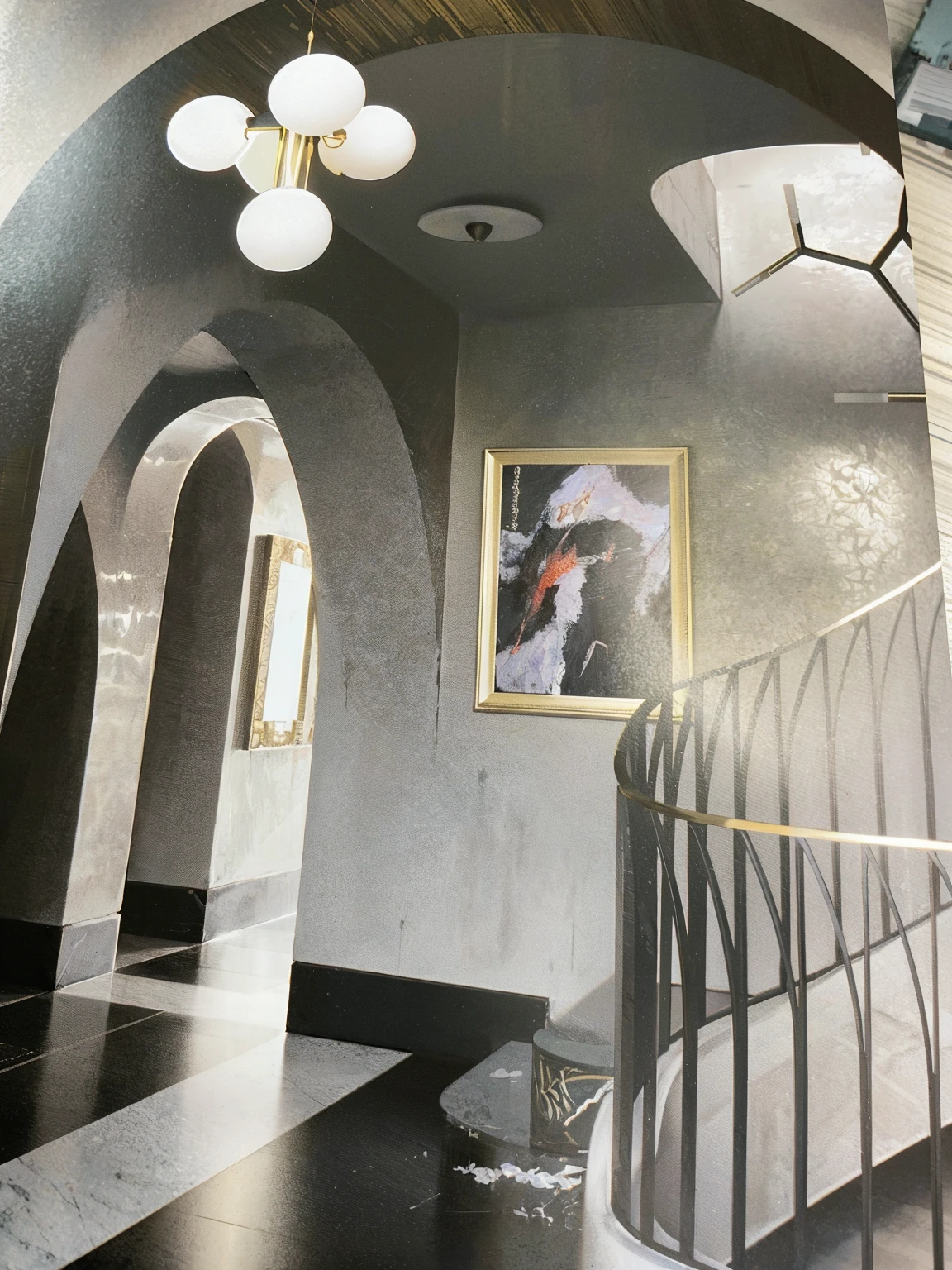 The mirrored safe on the wall is the visual focus. The Italian castle stucco wall black and white marble floor crystal chandelier German style tilt shot, Illustration effect similar to poster or magazine, Fuji, movie lighting effects, Art Nouveau,