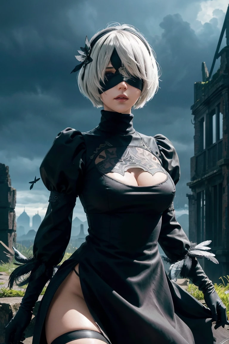 2B Nier Automata,Bobcut, Gray Hair,Long sleeve, Juliet Sleeve, White gloves, turtleneck, bangs, Feather ornament, Feather ornament sleeves, Blindfold, Black Goth Dress,Japanese Ultra HD,super high quality,masterpiece,Digital SLR,Photorealistic,Detailed details,Vivid details,Depicted in detail,A detailed face,Detailed details,Super Detail,Realistic skin texture,Anatomical basis,Perfect Anatomy,Anatomically correct hand,Anatomically correct fingers,Complex 3D rendering,Sexy pose,Rainy Sky,Beautiful scenery,Fantastic rainy sky,Fantasy worldview,Beautiful night sky,Picturesque,Pink Lips,Black butterfly々Fluttering,A ruined world,A devastated battlefield,ruins,