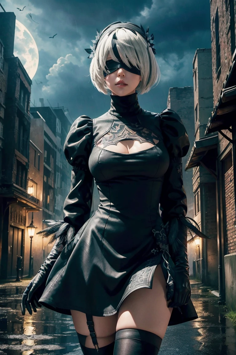 2B Nier Automata,Bobcut, Gray Hair,Long sleeve, Juliet Sleeve, White gloves, turtleneck, bangs, Feather ornament, Feather ornament sleeves, Blindfold, Black Goth Dress,Japanese Ultra HD,super high quality,masterpiece,Digital SLR,Photorealistic,Detailed details,Vivid details,Depicted in detail,A detailed face,Detailed details,Super Detail,Realistic skin texture,Anatomical basis,Perfect Anatomy,Anatomically correct hand,Anatomically correct fingers,Complex 3D rendering,Sexy pose,Rainy Sky,Beautiful scenery,Fantastic rainy sky,Fantasy worldview,Beautiful night sky,Picturesque,Pink Lips,Black butterfly々Fluttering,A ruined world,A devastated battlefield,ruins,