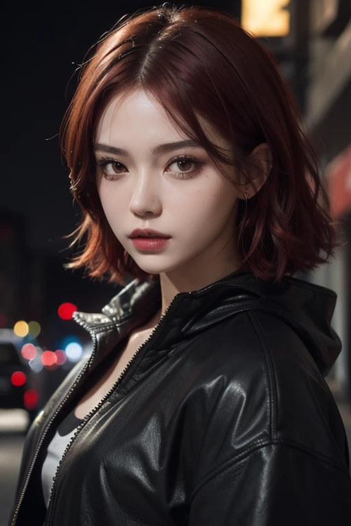 beautiful girl, Half-length portrait, Short messy bright red hair, Black eyeshadow, (Street Style Clothing:1.2), (City background:1.2), Dark Makeup, The art of math, Popular on artstation, highly detailed, Fine details, complex, beautiful detailed glow, detailed, light, high resolution, detailed facial features,Clear focus, Smooth, Aesthetic,