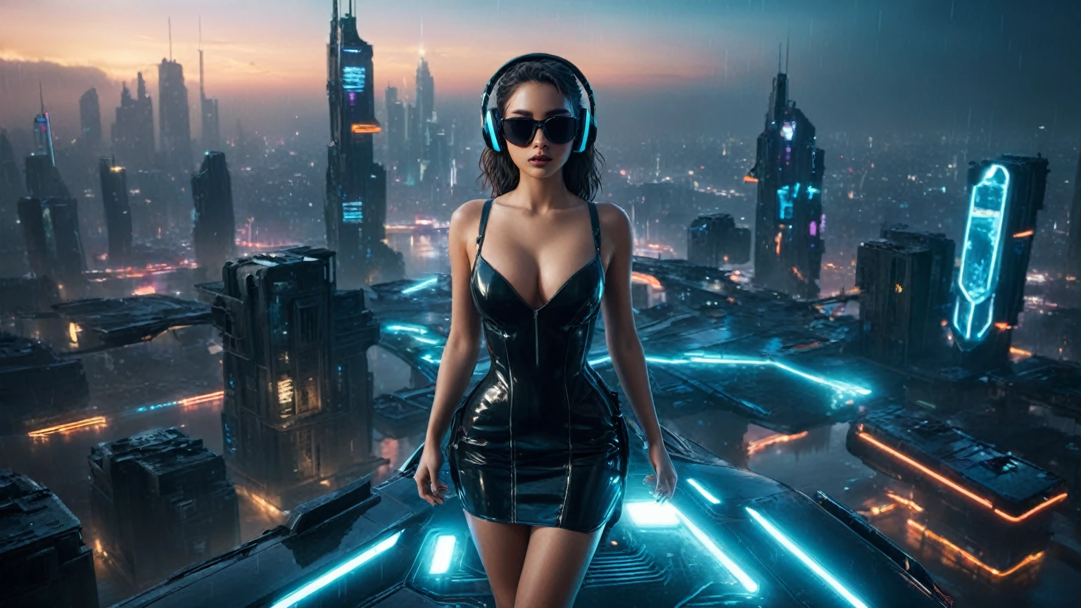 (aerial view, a flying cars docking platform, a very dark abandoned futuristic city, neon lights), rainy night. 1girl, solo, alone, large-breast:1.2 slim body, cleavage:1.1, sexy wind blowing wet dress:1.4, (headphone, black sunglasses), (((((she raised:1.8 a pistol:1.8 and took aim at viewer))))), dynamic pose, (((half-body thigh level medium shot))), cinematic lighting, lens flare, ray tracing.