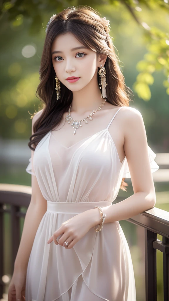 realism: 1.3, masterpiece, best quality, high resolution, detail: 1.2, 1 girl, Hairpin, Pretty Face, Exquisite eyes, Tassel Earrings, necklace, Ribbon, elegant standing posture, aesthetics, light, Ray Tracing, Depth of Field, Layering, Flutter, Chiffon dress, whole body, Pantyhose, outdoor