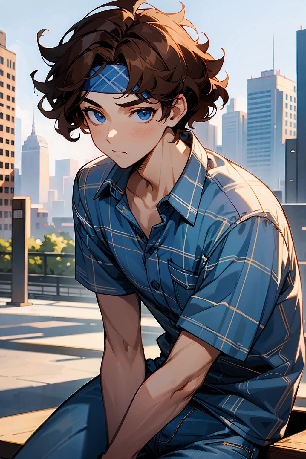 1male, Young Adult, Brown Hair, Curly Hair, Short Hair, Blue Eyes, Jeans, Headband, Flannel Shirt, City Background