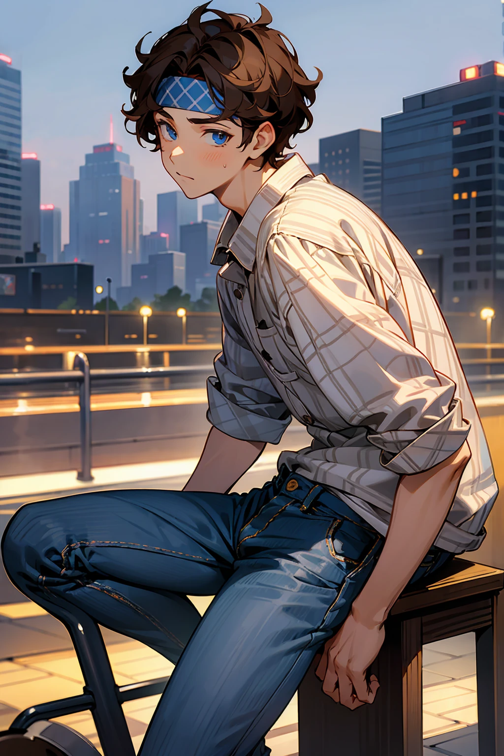 1male, Young Adult, Brown Hair, Curly Hair, Short Hair, Blue Eyes, Jeans, Headband, Flannel Shirt, City Background