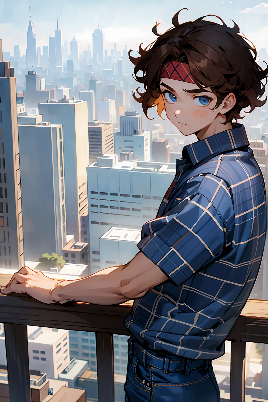 1male, Young Adult, Brown Hair, Curly Hair, Short Hair, Blue Eyes, Jeans, Headband, Flannel Shirt, City Background
