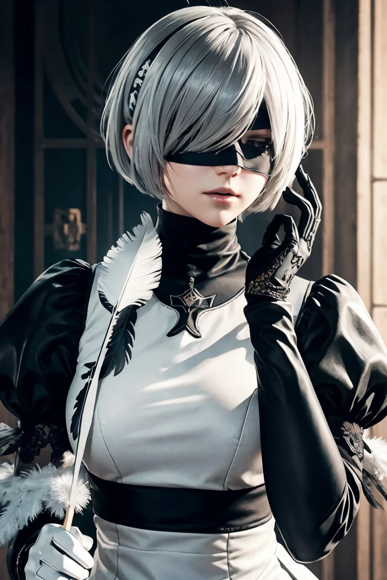 2B Nier Automata,Bobcut, Gray Hair,Long sleeve, Juliet Sleeve, White gloves, turtleneck, bangs, Feather ornament, Feather ornament sleeves, Blindfold, Black Goth Dress,Bird&#39;s-eye view,Japanese Ultra HD,super high quality,masterpiece,Digital SLR,Photorealistic,Detailed details,Vivid details,Depicted in detail,A detailed face,Detailed details,Super Detail,Realistic skin texture,Anatomical basis,Perfect Anatomy,Anatomically correct hand,Anatomically correct fingers,Complex 3D rendering,Sexy pose,Rainy Sky,Beautiful scenery,Fantastic rainy sky,Fantasy worldview,Beautiful night sky,Picturesque,Pink Lips,Black butterfly々Fluttering,A ruined world,A devastated battlefield,ruins,