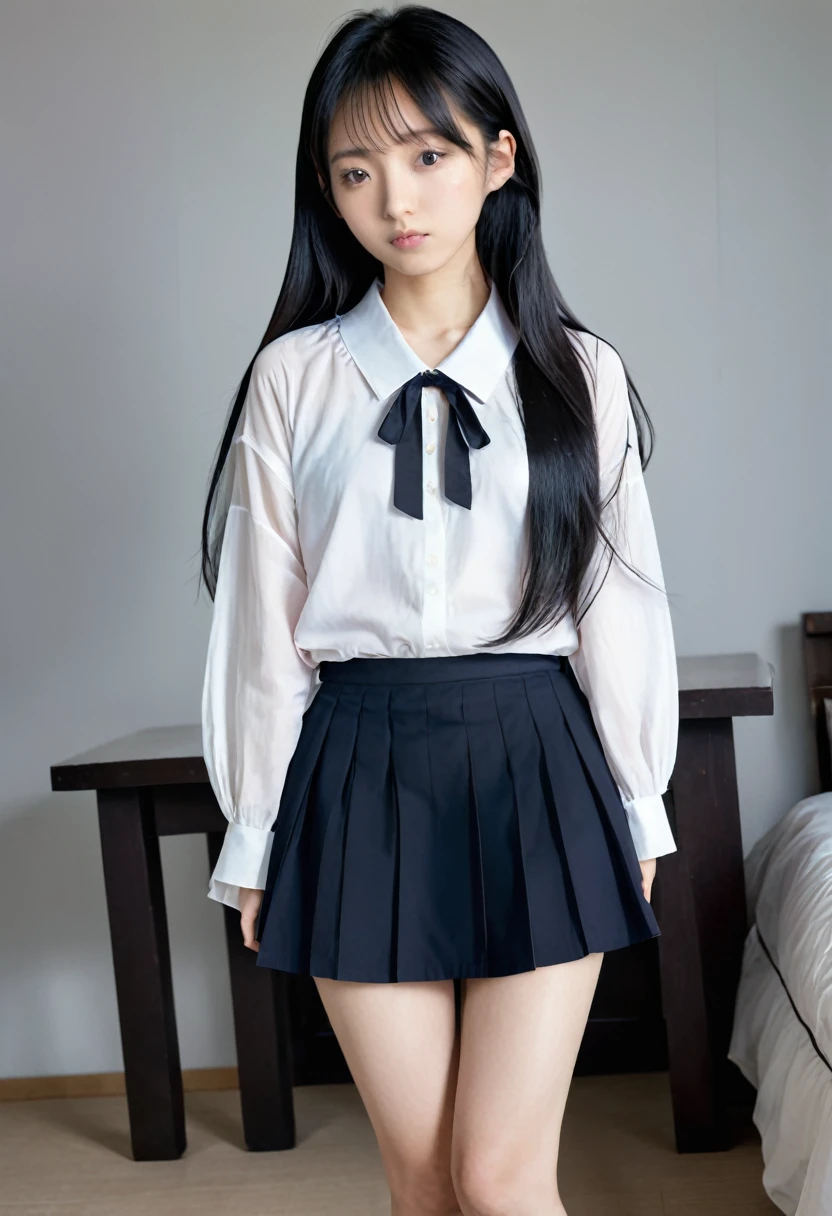  japanese , long black hair short skirt, oversize blouse, slim,tiny