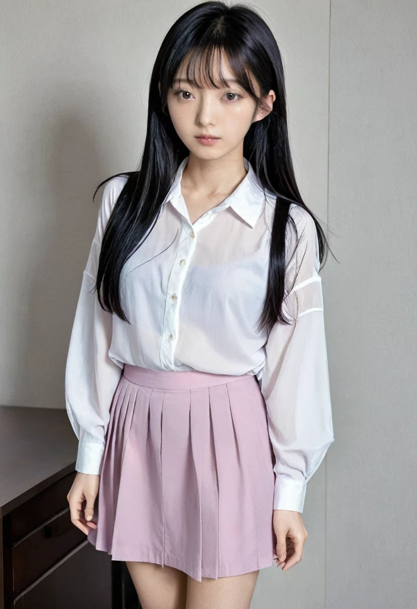 15 year old japanese , long black hair short skirt, oversize blouse, slim,tiny