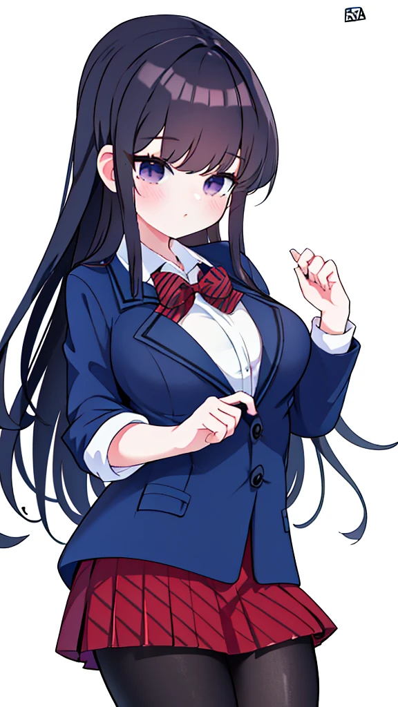 1girl, cowboy shot, classroom, 
komi_shouko, black eyes, black hair, long hair, , red bowtie, jacket, blazer, long sleeves, striped, pleated skirt, red skirt, black pantyhose,  best quality, masterpiece, highres, digital art, 8k, high resolution, photorealistic, masterpiece,,looking at viewer, high-definition,masterpiece,best quality,white simple background,masterpiece, best quality, high resolution, aabeta, double, standing, slim waist, cute, (PastelColors: 1.3), color white background plain, close up selfie while posing peace