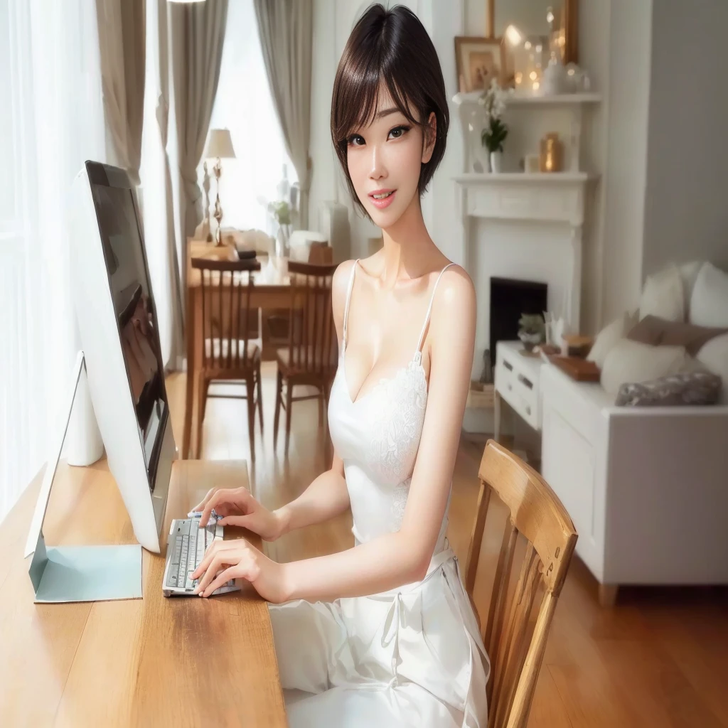 masterpiece, realistic, photorealistic, best quality, beautiful detailed, natural lighting, sharp focus, depth of field, slim body, abs:1.2, cleavage, best quality real texture skin, Detailed beautiful delicate face and eyes, beautiful Japanese young woman, eyes open, looking at viewer, best quality real texture skin, Detailed beautiful delicate face and eyes, double eyelid, smile:1.2, white teeth:1.2, very short straight brown hair,