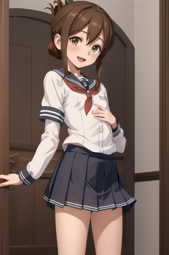 Highest quality, masterpiece, High resolution, alone, {inazuma_Fleet Collection}, brown_hair, Folded_ponytail, brown_eye, length_hair, Open_mouth, smile, School_uniform,skirt,Pleats_skirt,((Flat Chest, Small breasts, flat chest)), show off panties, (panties),