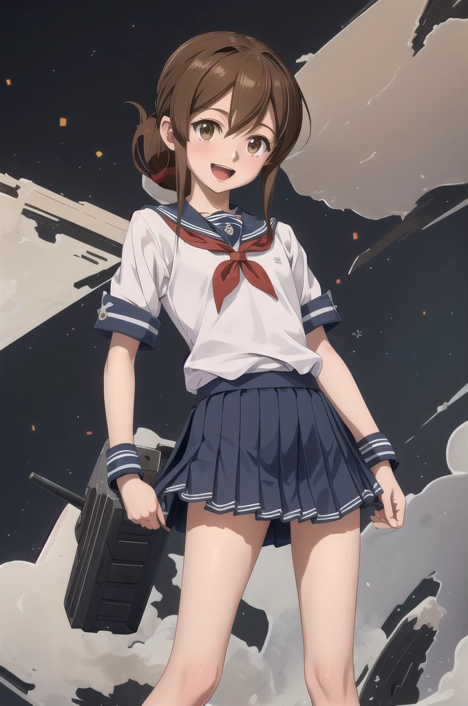 Highest quality, masterpiece, High resolution, alone, {inazuma_Fleet Collection}, brown_hair, Folded_ponytail, brown_eye, length_hair, Open_mouth, smile, School_uniform,skirt,Pleats_skirt,((Flat Chest, Small breasts, flat chest)), show off panties, (panties),