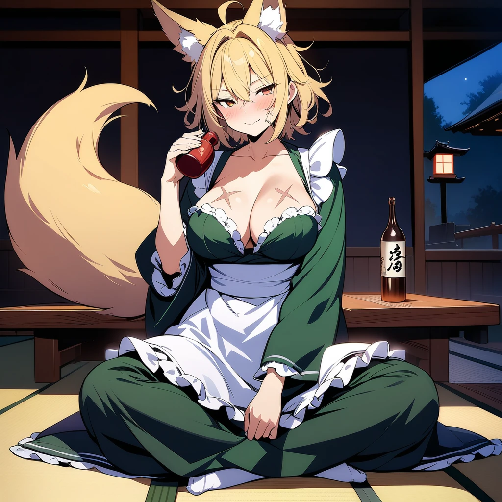 (masterpiece,best quality,very aesthetic),super-fine illustration,high saturation,BREAK,solo,1girl,30 years old,curvy,large breasts,tall,stout build,bewitching,(fox tail),blonde fox ears,short hair,blonde hair,beautiful face,(brown eyes),(half closed eyes:0.5),(messy hair),disheveled hair,hair intakes,(dark green maid clothes,frilled skirt,maid apron:1.2),(smirk:0.8),closed mouth,comfortable,sitting,indian style,leaning against low table,drunk,comfortable,drinking,japanese sake bottle,sake cup,tabi,japanese shrine,indoors,tatami,shoji,night,evening,Illuminated by indirect light placed on the floor,low table,(scar on cheek,scar on breasts:1.2),cowboy shot,sideways glance