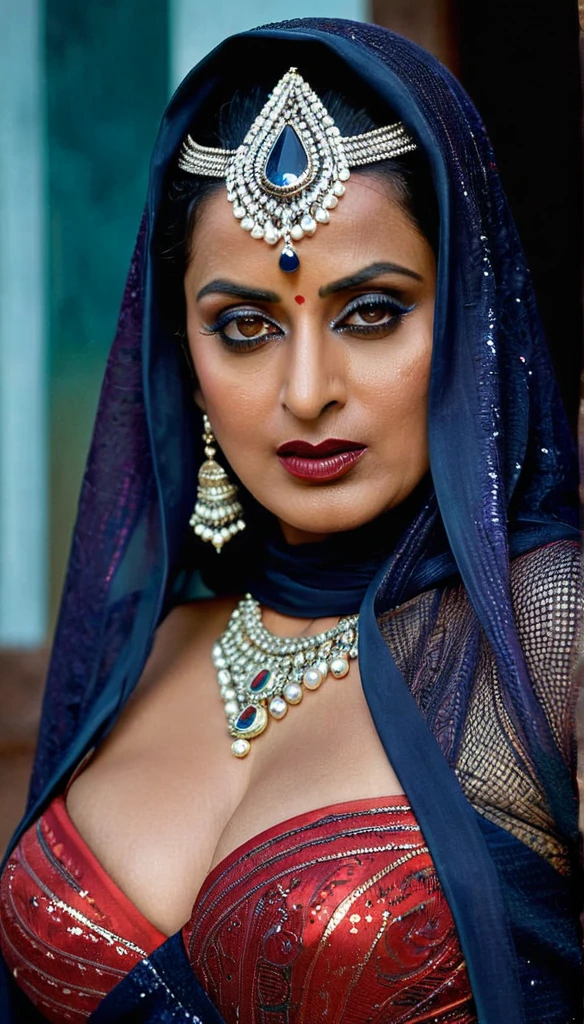 Indian mom, Looks like Mahie Gill, full body Closeup shot, Big chubby aunty, milf, cougar lady witch, horny Gothic milf,  70 years old gorgeous mature lady, pervert demoness, demoness of lust, curvy, black lips, horny face, extremely gorgeous, thick figure, heavy physique, voluptuous, curvy, sexy figure, Fashionable portrait of androgynous alien looking witch wearing veil, glowing eyes, futuristic design, minimal details, givenchy, photoreal, 200mm, hd, f/ 2.0, highly detailed, surreal, sexy beautiful evil woman, sexy bold sequin Saree with strapless Bra, chudail, Pishachini, horror genre, blood-thirsty enchantress, powerful female spirit, eerie, drop dead, in the style of red and blue, (intricate details, hyperdetailed:1.15) (skin texture:1.2), dark Moody tone, cinematic lighting, haunted place in background, hot Amma, hot aunty, hot bhabi, hot Chachi, heavy figure, fleshy figure, heavy and saggy breast, spicy hot woman, 