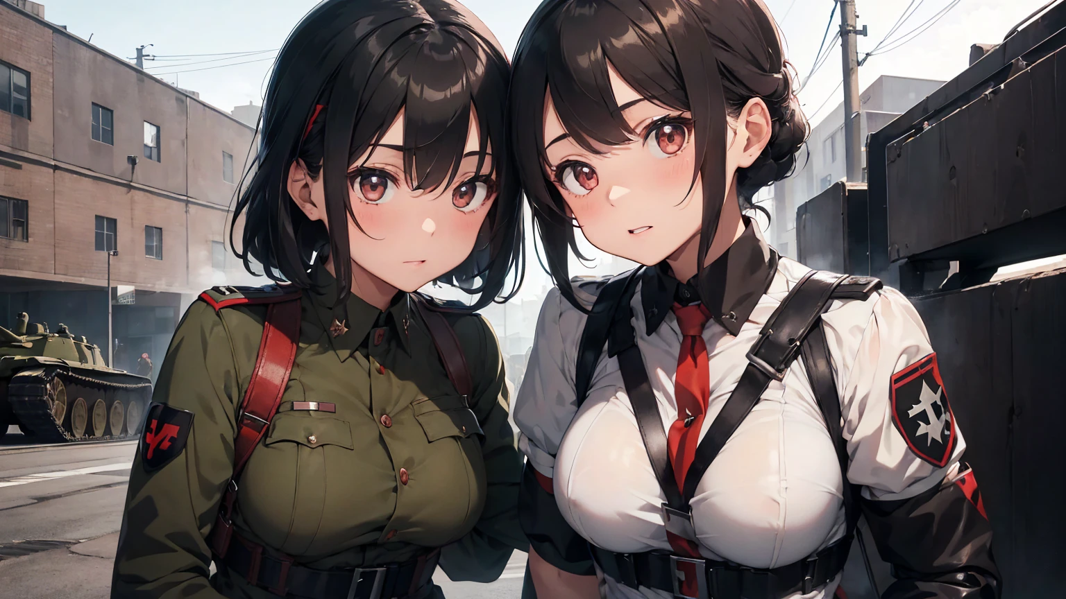 Gestapo uniform, female lesbian kawaii sisters kissing passionately with T-54 military tank. wearing Luftwaffe uniforms. 8k. masterpiece. best quality. best artwork. lingerie. Swastika insignia red armband. bare breasts. rope bondage