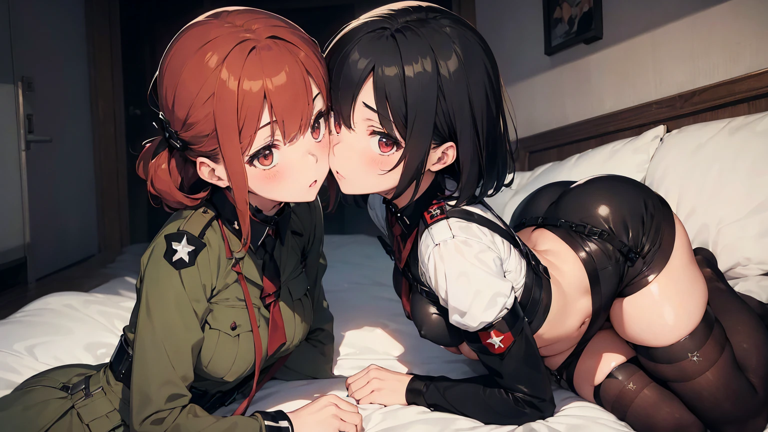  Gestapo uniform, female lesbian  kawaii sisters kissing passionately with T-54 military tank. wearing Luftwaffe uniforms. 8k. masterpiece. best quality. best artwork. lingerie. Swastika insignia red armband. bare breasts. rope bondage 