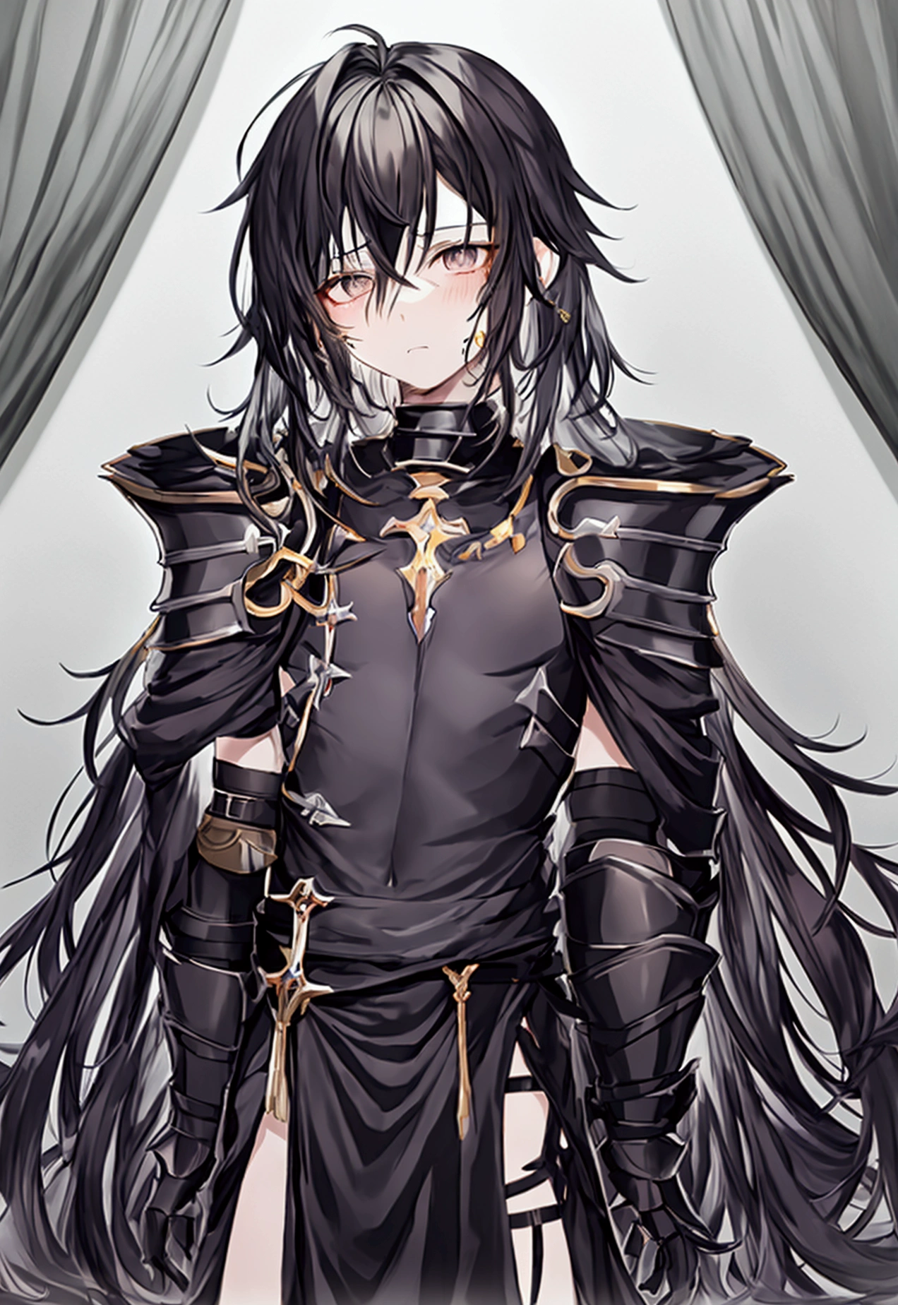 Anime drawing style of an adorable effeminate boy with slightly long and messy all-black hair., pale skin and totally black eyes, who wears gray armor with brown cloth and it seems that a black liquid substance is coming out of his empty sockets in piles.