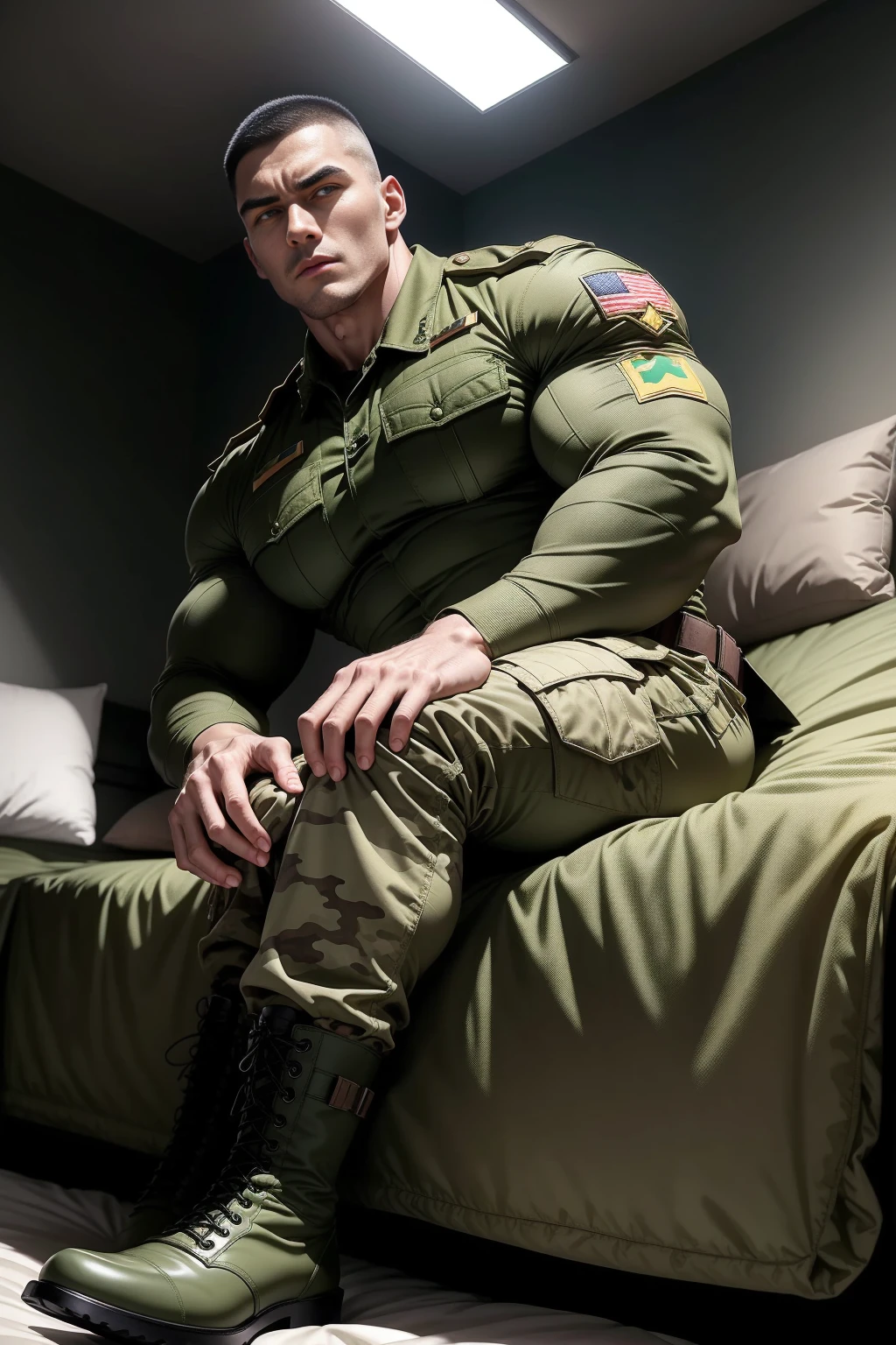 Sad crying tall giant muscular man.,Khaki camouflage military uniform,Sleeping on a soft dark green mattress,strong tough guy,Buzz Cut,Wearing Khaki camouflage military uniform,Sleeping on a soft dark green mattress, Sad expression,Deep and charming eyes,The hero with emerald pupils,heroic male pose,Tall burly,muscular!Charming leg muscles,High, burly, Heqiang, Wearing Khaki camouflage military uniform, Super gain and cool, high resolution committee, Big feet in black boots,Charming strong man,The bright sunshine shines on you