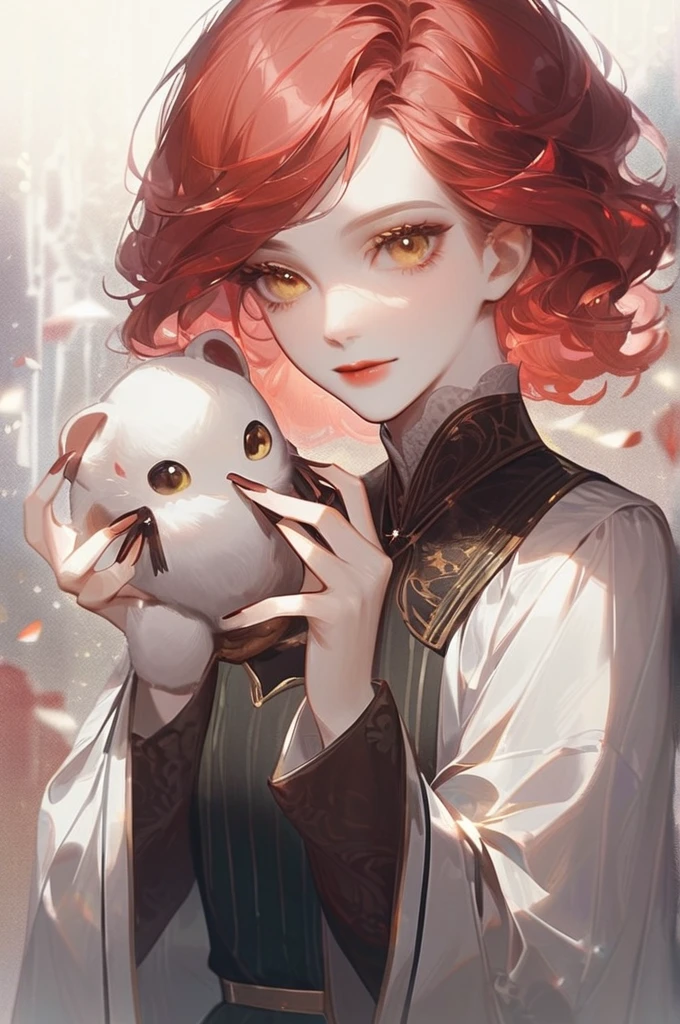 ((Лучшее качество)), ((шедевр)), (подробный), a girl with yellow eyes and red hair holding a white rat in her hands