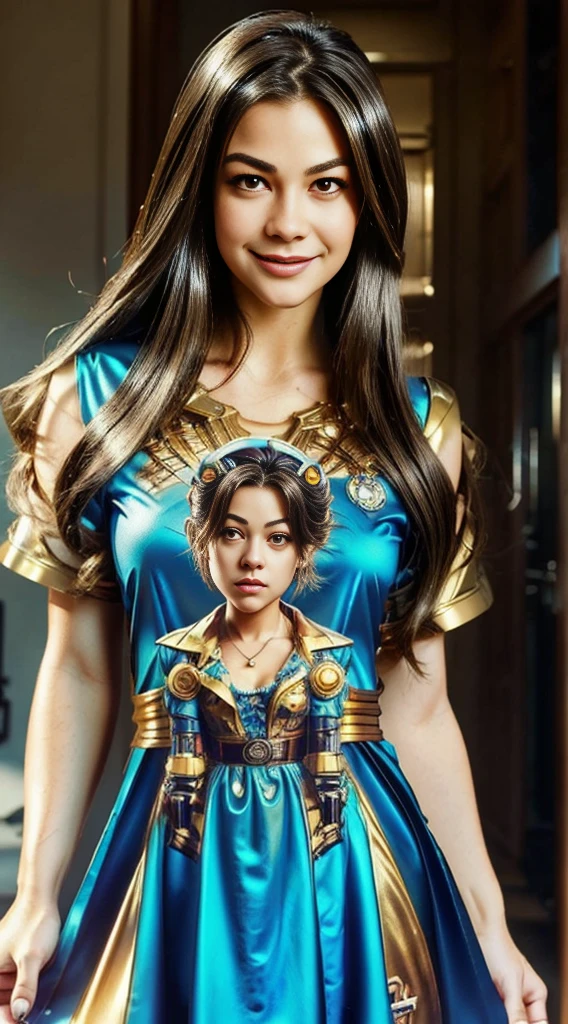 there is a woman in a dress standing in front of a giant robot, by Don Maitz, portrait of sofia vergara, promotional art, attractive brown hair woman, retropunk, protagonist in foreground, inspired by Louis Pohl, mechanic, anime visual of a young woman, compute shader, inspired by Donato Giancola, youtube thumbnail, chrome art