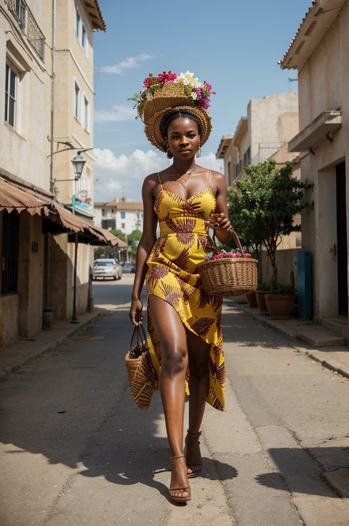 woman walking down the street carrying a large basket on her head, africana woman, africana, by Ingrida Kadaka, anthropological photography, vibrant hues, Afternoon Sunlight, por Chinwe Chukwuogo-Roy, a woman walking, wearing an africana dress, por Lily Delissa Joseph, africana arts, by Matteo Pérez, Afternoon Sun, Absolutely remarkable image, Zaha Hadid architecture in the background, in the middle of Africa