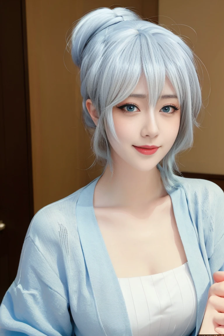 ulzzang-6500-v1.1,(raw photo:1.2),((photorealistic:1.30)), ((best quality)) ,((masterpiece)),((Ultra High Resolution)), ((Clear View)),,Ultra-high resolution,Clear face,（Reality：1.4) ,  illustration, an extremely delicate and beautiful, extremely detailed ,CG ,unity ,8k wallpaper, Amazing, finely detail, masterpiece,best quality,official art,extremely detailed CG unity 8k wallpaper,absurdres, incredibly absurdres, huge filesize, ultra-detailed, highres, extremely detailed,beautiful detailed girl, extremely detailed eyes and face, beautiful detailed eyes,light on face,cinematic lighting, 25 year old woman, 1 girl, cute, 独奏, bedroom, tutoring, books in table, fruit in table, chair beside table, sitting, dating, (nose blush), (smile:1.15), (closed mouth) ,small breasts, beautiful detailed eyes, (collared shirt:1.1),kimono, (short hair:1.5), floating hair NovaFrogStyle, silver hair, Blue eyes, natural lips, slim body,