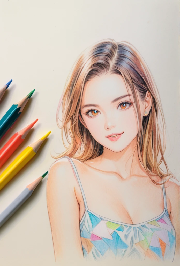  female，short camisole，white，Art，ad，colour pencil drawing，draft drawing 
