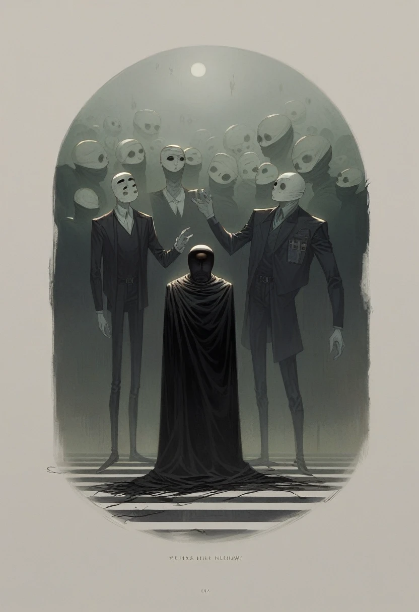 there is a male man titan in a latex black dress standing in a room with a large ball in head, erwin olaf, dark surreal art, surreal dark art, surreal dark otherworldly mood, dark surrealism, surreal dark fantasy, natalie shau tom bagshaw, steven klein, surreal avant-garde style, yuri shwedoff and tom bagshaw, dark surrealist, full face round mask , empty black , horror , wall mount siluettes of people ,