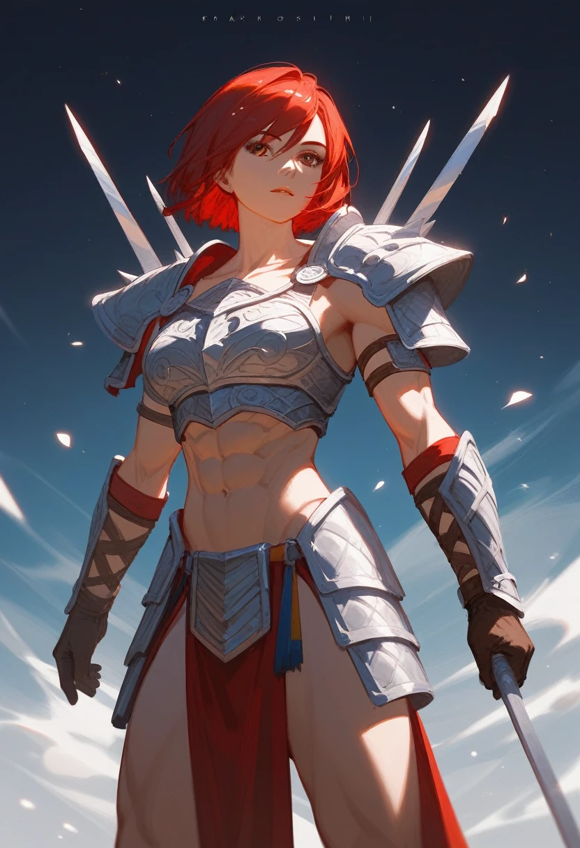 (Fraction_9,Fraction_8_Direction_7_up),1 a woman,(((bust))),(masterpiece:1.2), best quality, high resolution,,A gladiator with a perfect body,,Beautiful and neat face,Muscular body:1.4,Detailed chest armor, Gloves、Standing, (head to thigh images),(( Red Bob Shorthair )),, Simon Bisley's urban wild style,Detailed ancient Roman background,Clean abs, Complex equipment, Dark Brown,With white stars and off-white stripes,,,of armor, Poison Tattoo