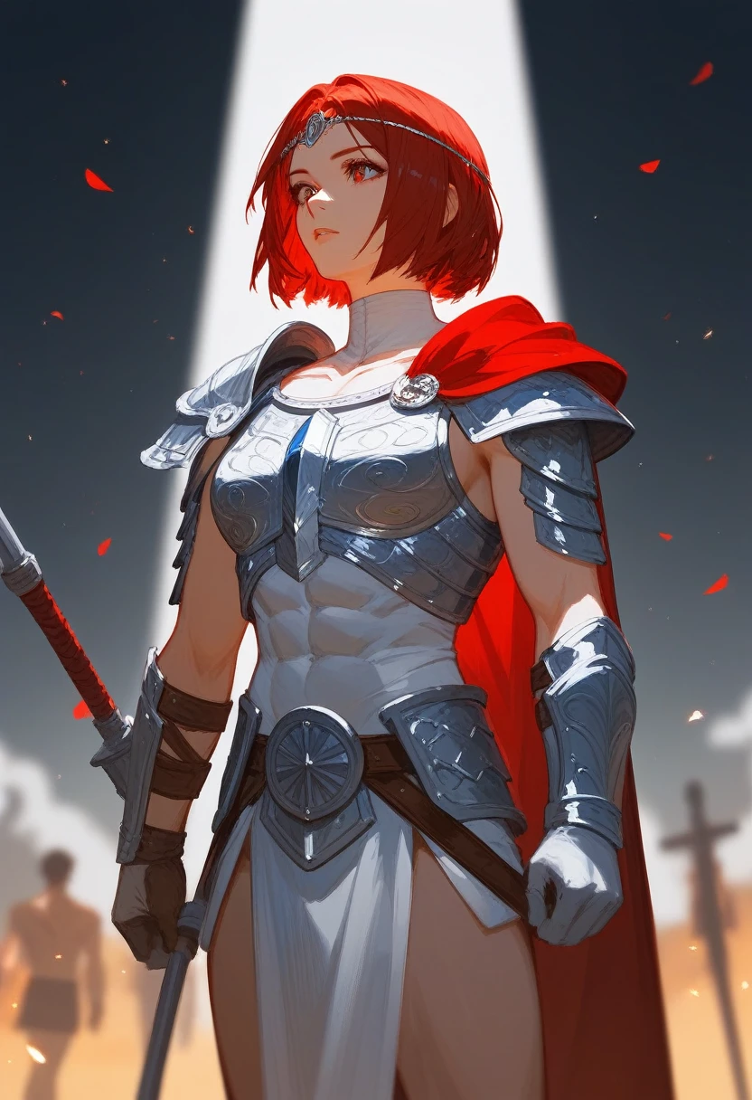 (Fraction_9,Fraction_8_Direction_7_up),1 a woman,(((bust))),(masterpiece:1.2), best quality, high resolution,,A gladiator with a perfect body,,Beautiful and neat face,Muscular body:1.4,Detailed chest armor, Gloves、Standing, (head to thigh images),(( Red Bob Shorthair )),, Simon Bisley's urban wild style,Detailed ancient Roman background,Clean abs, Complex equipment, Dark Brown,With white stars and off-white stripes,,,of armor, Poison Tattoo