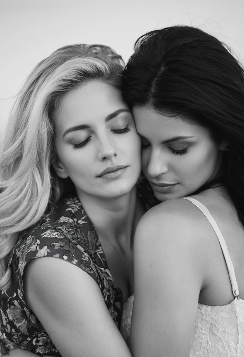 A stunning black and white photograph of two women, one with blonde hair and the other with dark hair, embracing each other in a warm and intimate moment. The blonde woman's eyes are closed, her head resting on the other woman's shoulder, while the dark-haired woman gazes lovingly at her.