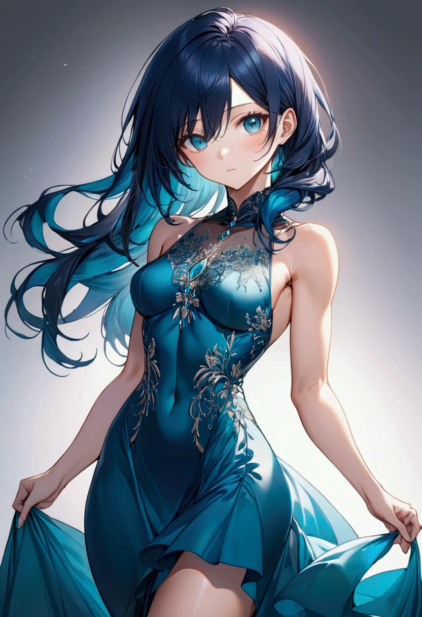 Anime girl with long dark blue hair and turquoise eyes, slender and athletic body type,Her physique is lean and toned,wearing an elegant dress