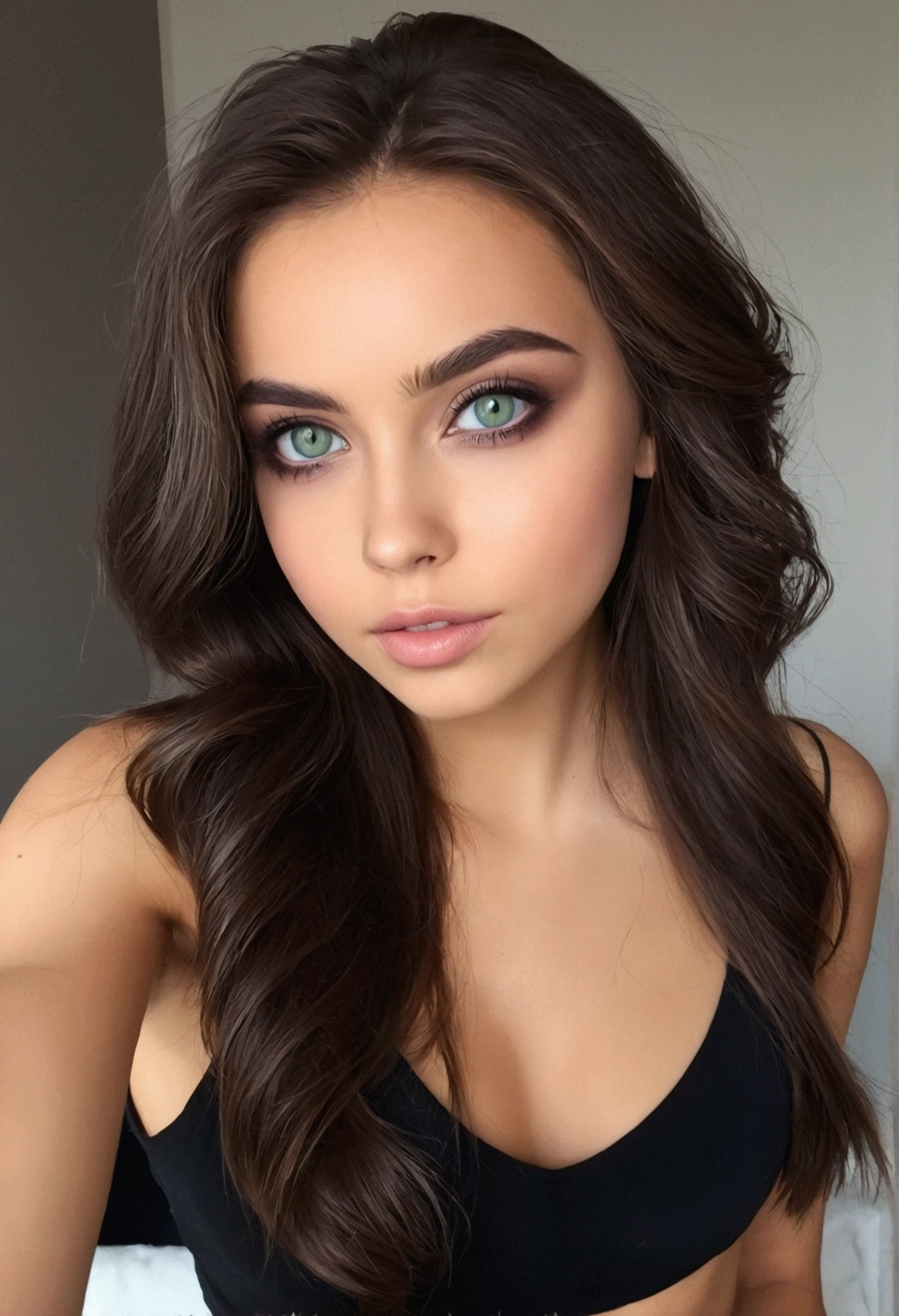 Arafed Femme portant un débardeur blanc et un collier, Fille sexy aux yeux verts, Portrait Sophie Mudd, cheveux bruns et grands yeux, selfie d&#39;une jeune femme, yeux de la chambre, Violette Myers, sans maquillage, Maquillage naturel, regardant directement la caméra, Cara avec Artgram, maquillage subtil, Impresionante foto de corps entier, yeux verts perçants, bel angle, pose attrayante, Mignon , pose sexy, Image du corps entier, corps entier, séance photo sur tout le corps, déesse brune, Détail élevé, Pose satisfaite, pantalon en cuir decoltes en boite de nuit