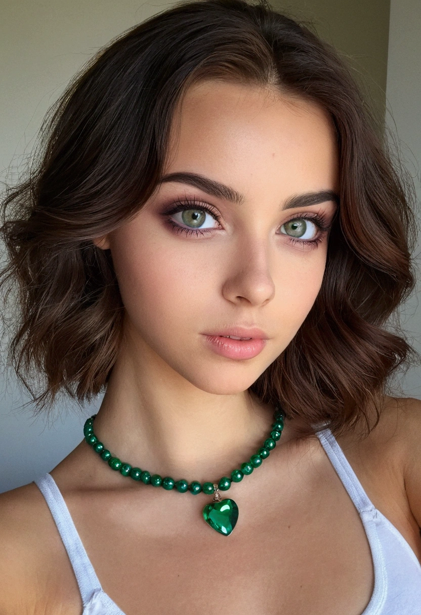 Arafed Femme portant un débardeur blanc et un collier, Fille sexy aux yeux verts, Portrait Sophie Mudd, cheveux bruns et grands yeux, selfie d'une jeune femme, yeux de la chambre, Violette Myers, sans maquillage, Maquillage naturel, regardant directement la caméra, Cara avec Artgram, maquillage subtil, Impresionante foto de corps entier, yeux verts perçants, bel angle, pose attrayante, Mignon , pose sexy, Image du corps entier, corps entier, séance photo sur tout le corps, déesse brune, Détail élevé, Pose satisfaite, pantalon en cuir decoltes en boite de nuit