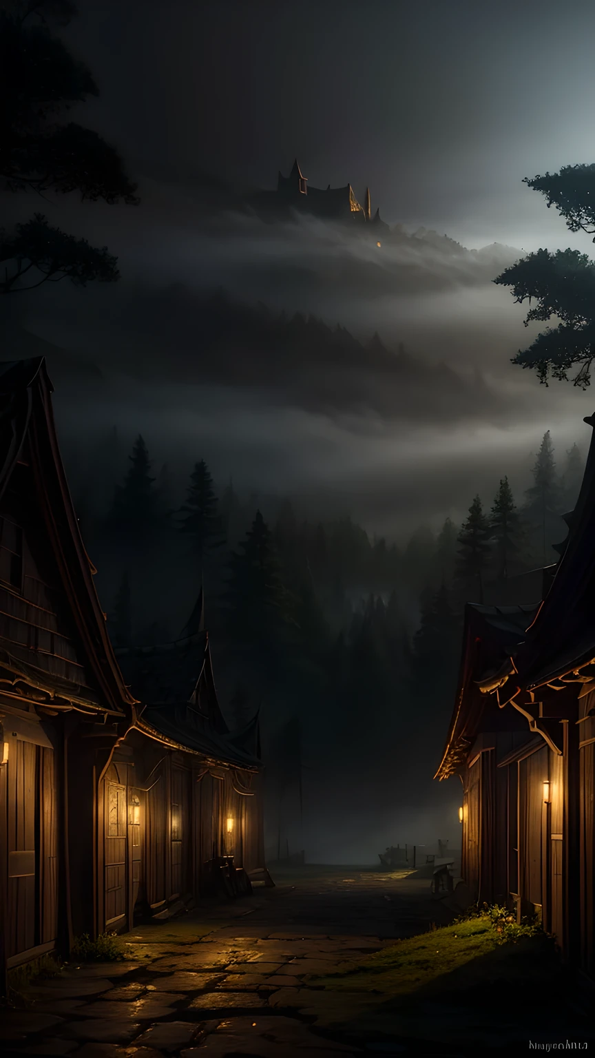 realistic dark oil painting of a medieval village at sunrise, moss, mist, misty, Eyeshadow, misterious, myth, dark, Light shining through the forest, surrounding, Depth of Field, Volumetric Lighting, light, Moody, heavy darkness, Black sky, low angle perspective, Courtesy of Evander Earle，Fairy tale world