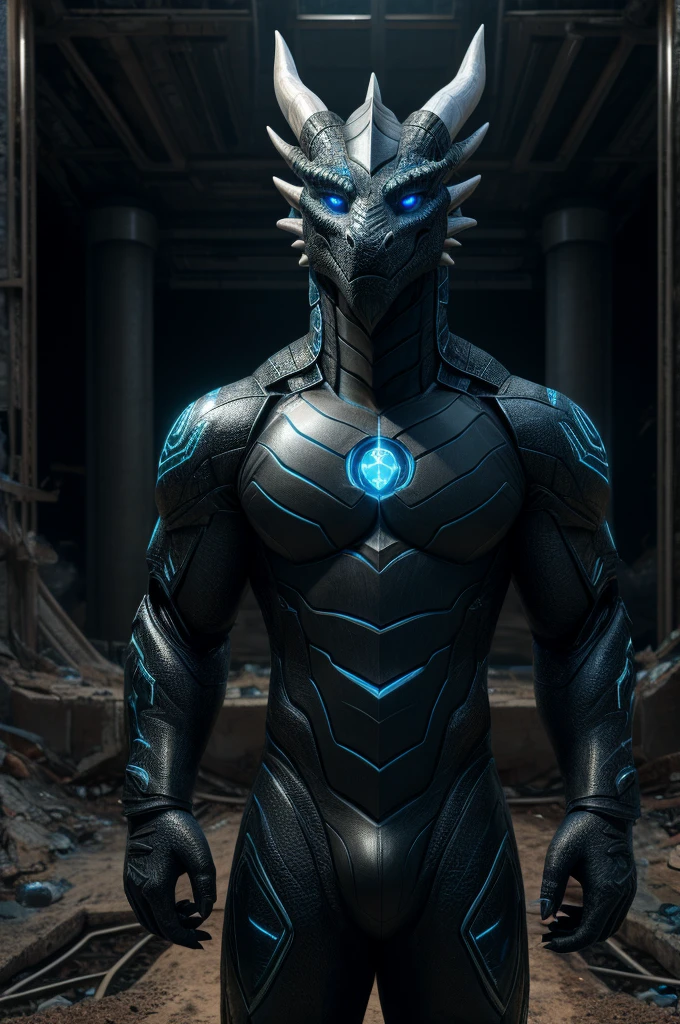 (full body shot), (realistic style), (furry), (humanoid), male nuclear dragon, obsidian dragon body, blue nuclear core in the chest, glowing nuclear blue markings, glowing blue eyes, reactor-based cybernetics, abandoned reactor site background