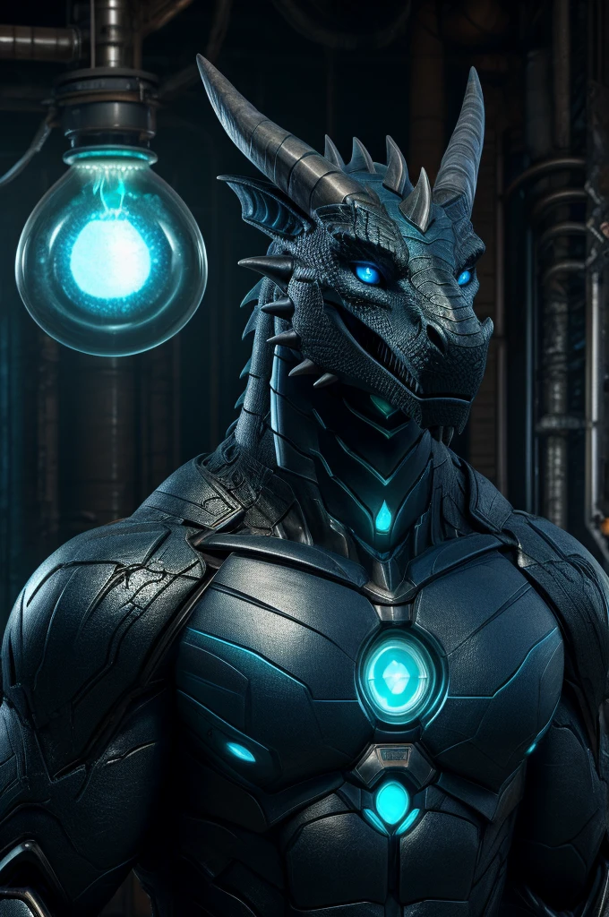 (full body shot), (realistic style), (furry), (humanoid), male nuclear dragon, obsidian dragon body, blue nuclear core in the chest, glowing nuclear blue markings, glowing blue eyes, reactor-based cybernetics, abandoned reactor site background