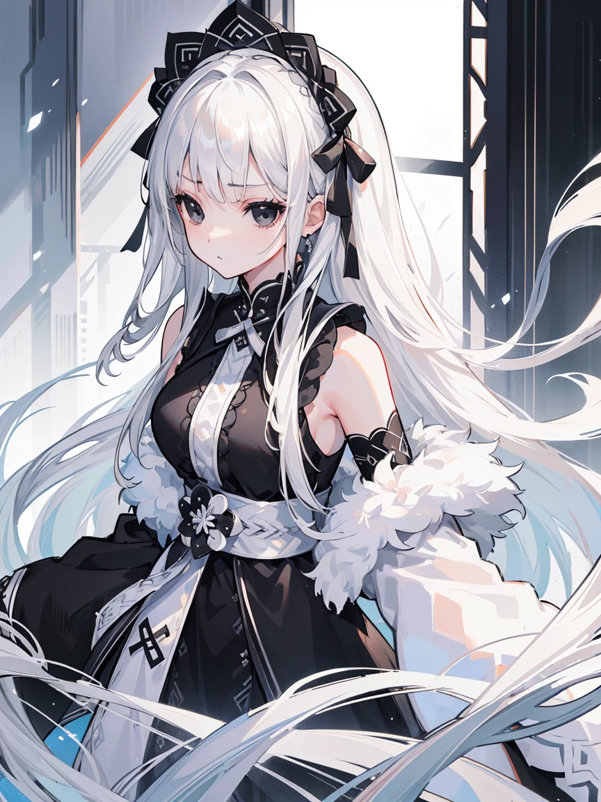 (Top image quality)、(Very detailed)、(Facing forward)、Top quality、masterpiece、(((1 girl )))、Silver Hair、White hair、((Long hair))、Weaving、(black eyes:1.6)、(White and black cheongsam)、Hooded dress、Lots of decorations、Lots of ribbons、White Ribbon、serious、Fluffy loose hair