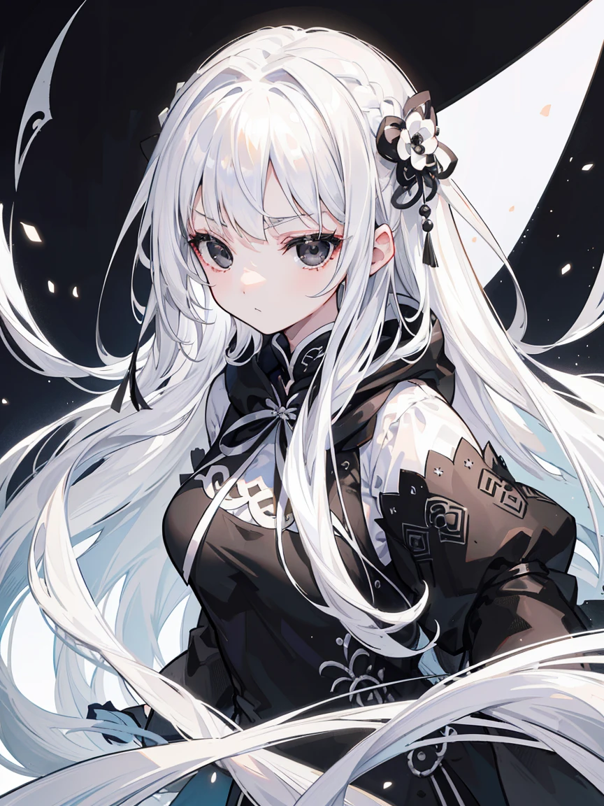 (Top image quality)、(Very detailed)、(Facing forward)、Top quality、masterpiece、(((1 girl )))、Silver Hair、White hair、((Long hair))、Weaving、(black eyes:1.6)、(White and black cheongsam)、Hooded dress、Lots of decorations、Lots of ribbons、White Ribbon、serious、Fluffy loose hair